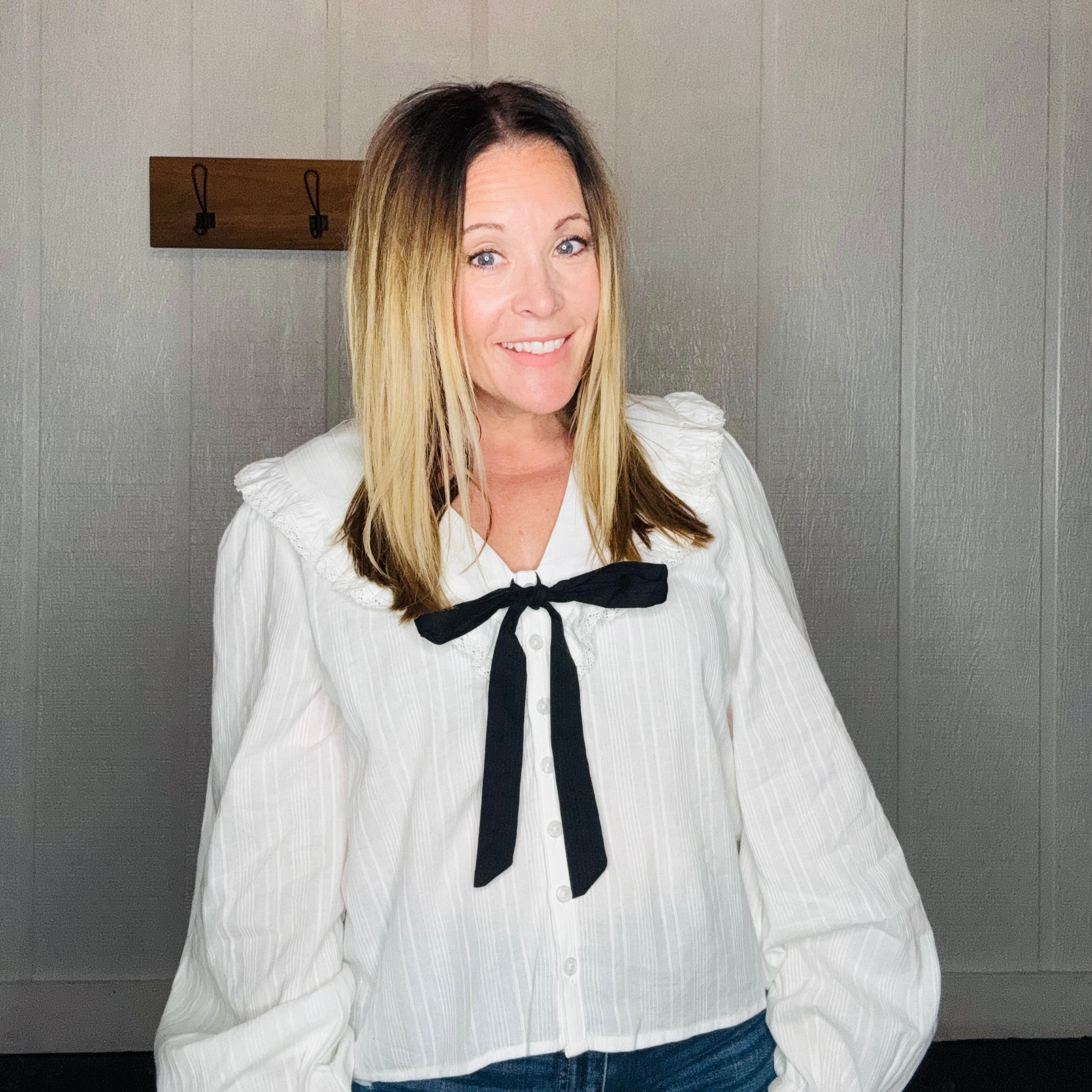 White Textured Fabric with Tie in Front Blouse