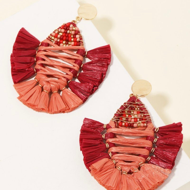 Pink Beaded and Tassel Earrings