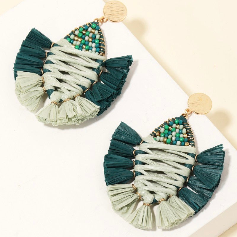 Teal Beaded and Tassel Earrings