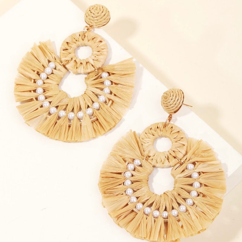 Tan Woven and Pearl Earrings