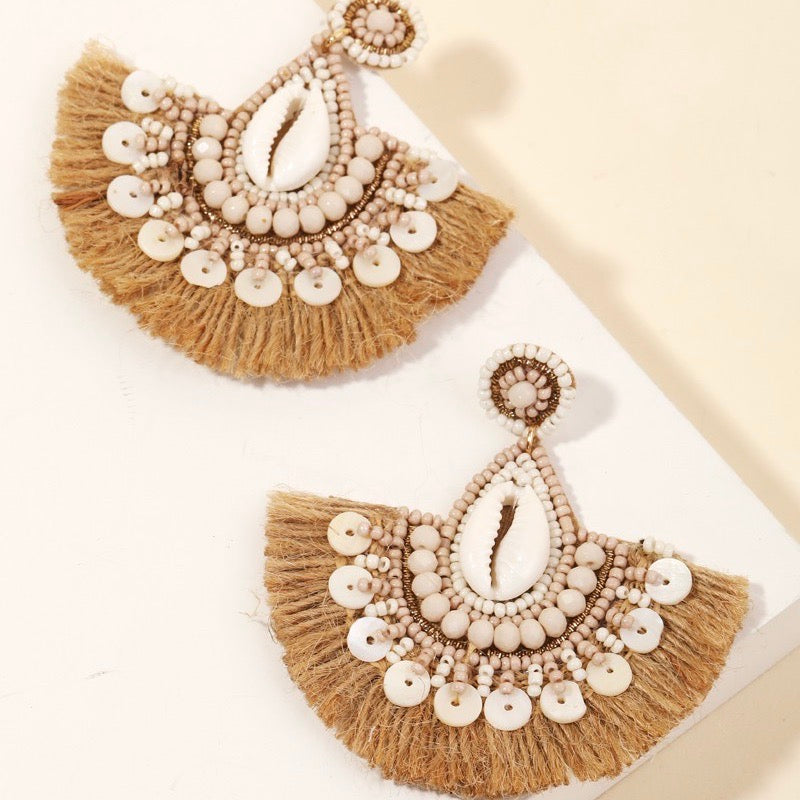 Tan Tassel and Seashell Earrings