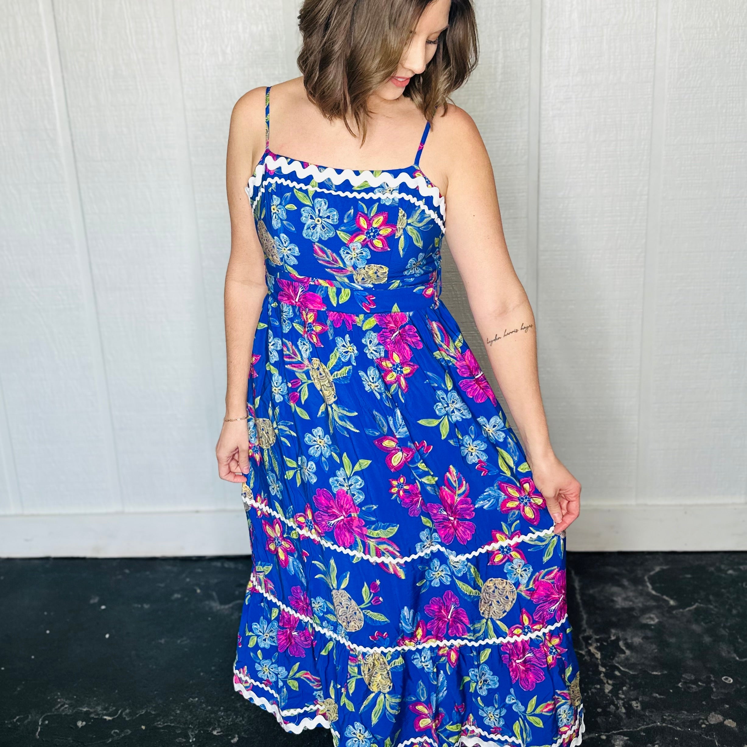 Faux Embroidered Floral Print Ricrac Trim Dress