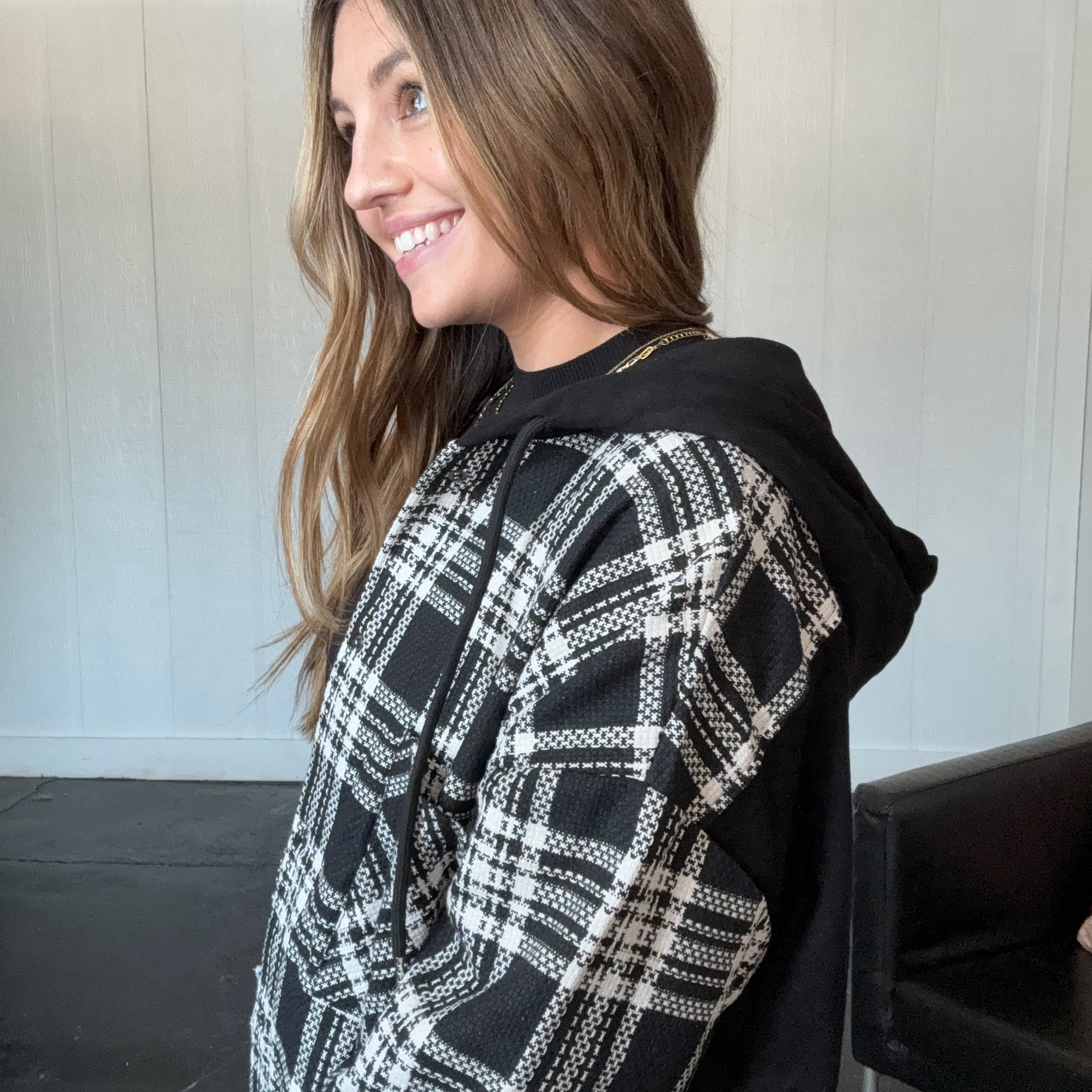 Contrast Plaid Hooded Shacket