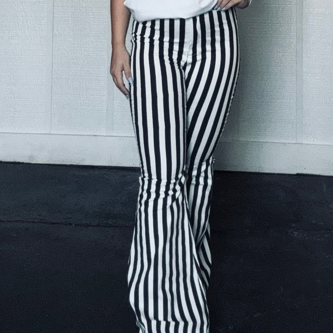 Vertical Striped High Waisted Flared Pants