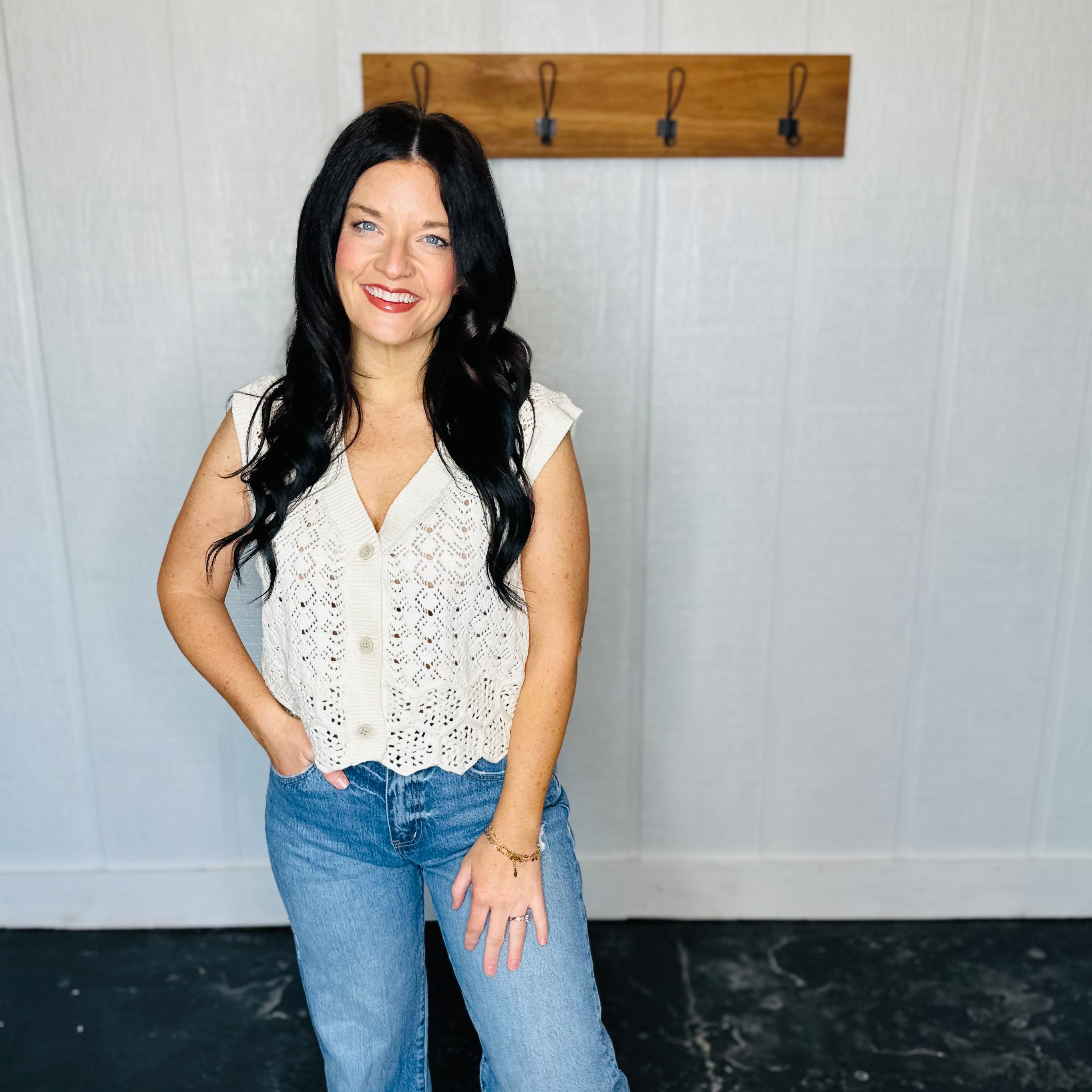 Knit Sweater Cotton Crochet Button Down Vest Top