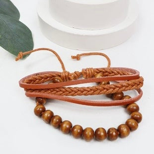 Leather Wood Layered Bracelet