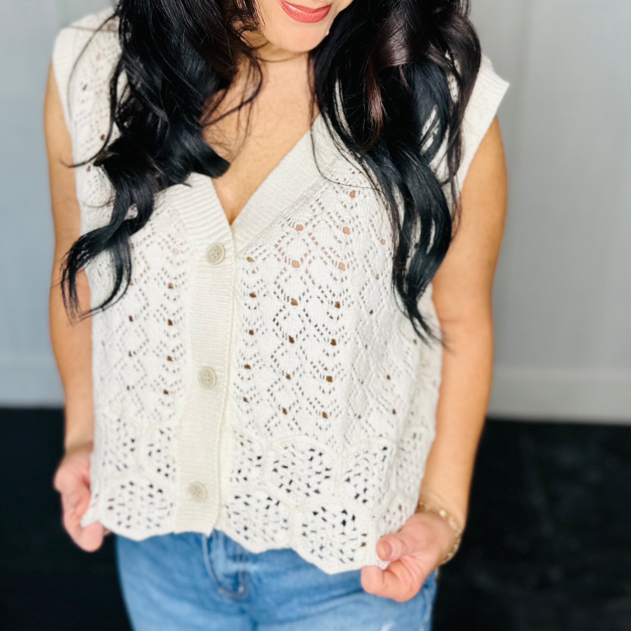Knit Sweater Cotton Crochet Button Down Vest Top