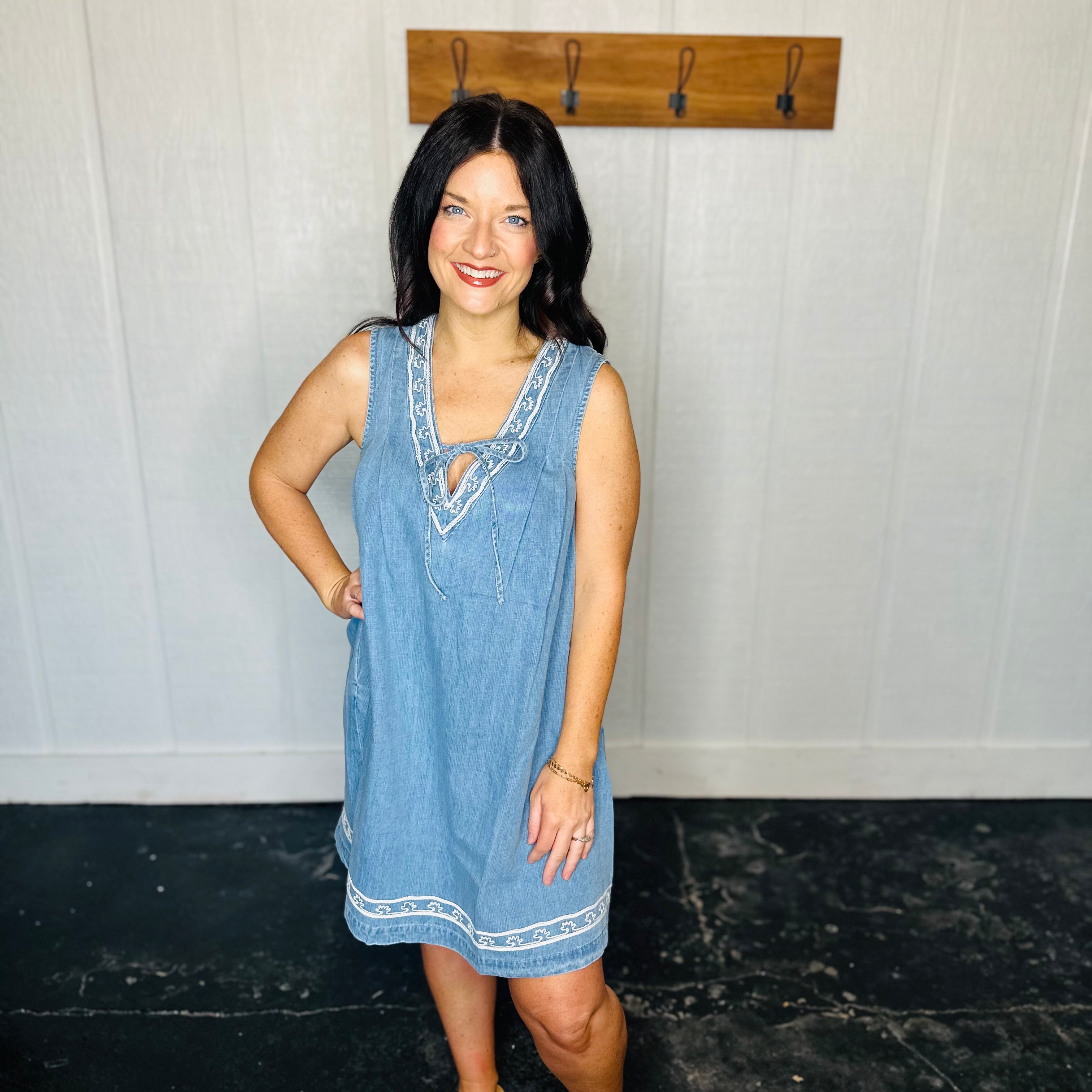 Sleeveless Embroidered Denim Dress