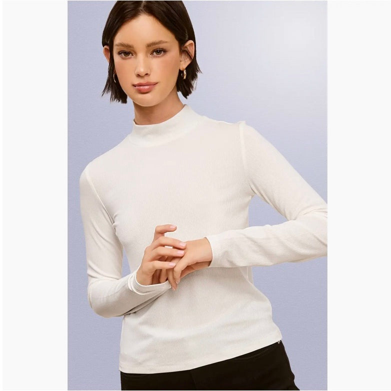 Stretchy Ribbed Long Sleeve Mock Neck Basic Top