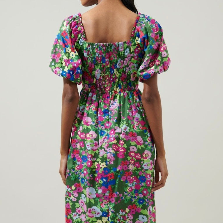 Floral Balloon Sleeve Midi Dress