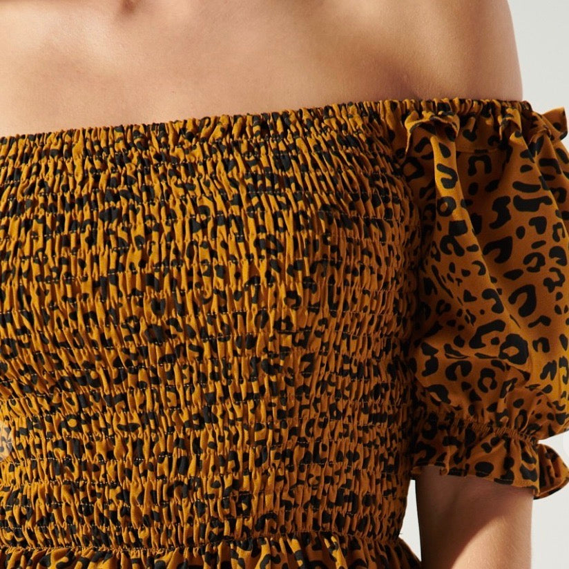 Leopard Off the Shoulder Smocked Bodice Top