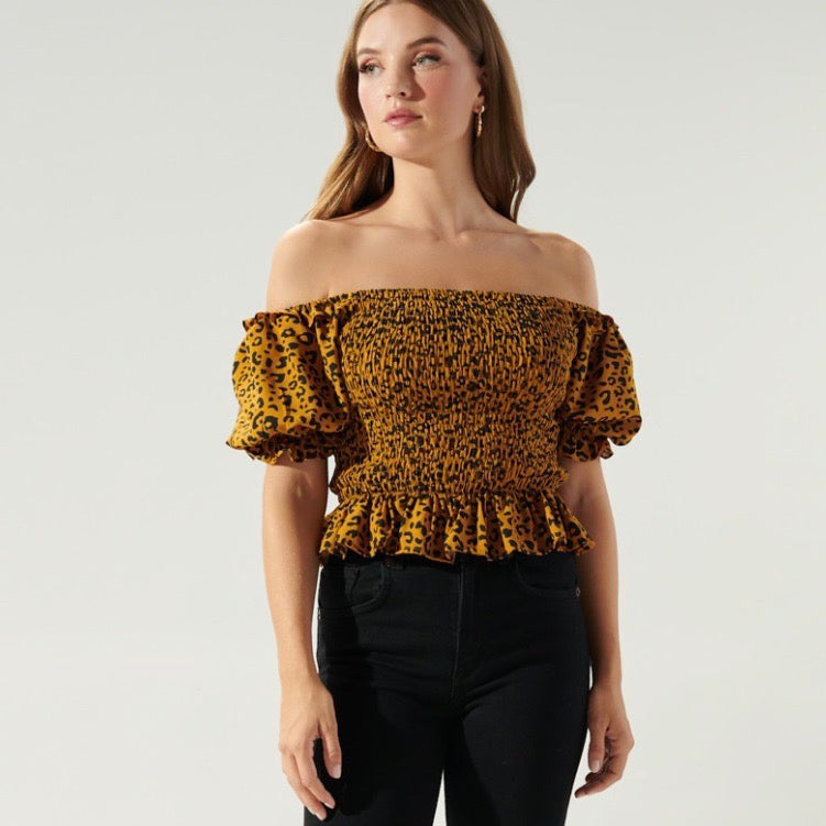 Leopard Off the Shoulder Smocked Bodice Top