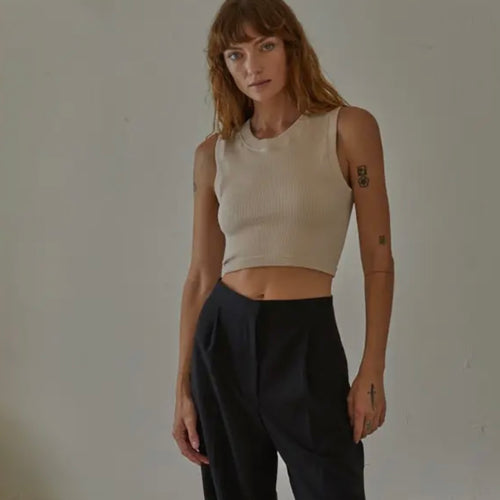 Beige Sleeveless Ribbed Round Neck Tank