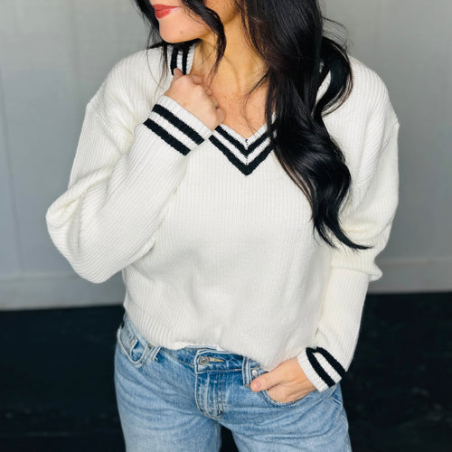 Striped V-Neck and Sleeve Sweater