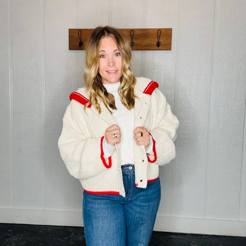 Cream/Red Color Contrasted Button Front Sweater Jacket with Hood