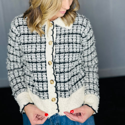 Black/Cream Tweed Style Button Down Cardigan