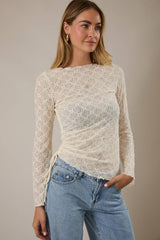 LONG BELL SLEEVE MERROW HEM SIDE RUCHED TOP