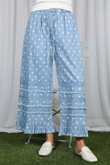Polka Dot Flared Ruffle 100%Cotton Crop Denim Pants