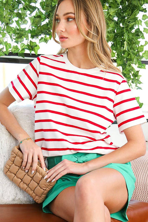 Striped Cotton Crew Neck Short-Sleeve Knit Top VT81439