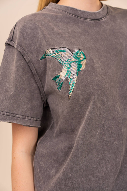 Bird Embroidered Mineral Wash Tee