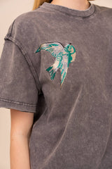 Bird Embroidered Mineral Wash Tee