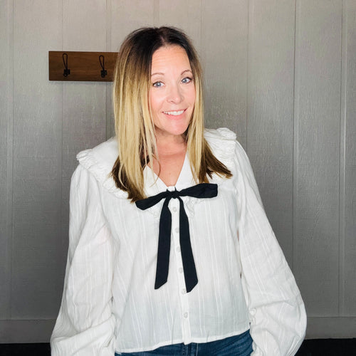 White Textured Fabric with Tie in Front Blouse