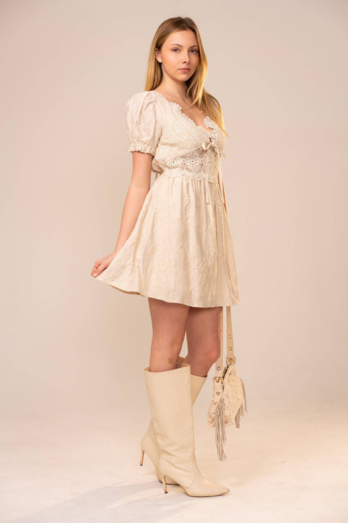 Puff Short Sleeve Lace Front Mini Dress