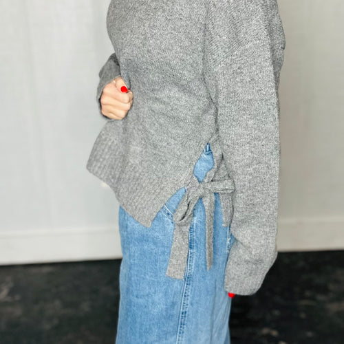 Grey Tie Split-Hem Crewneck Sweater