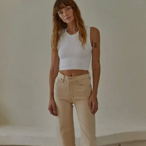 White Knit Sleeveless Ribbed Round Neck Tank