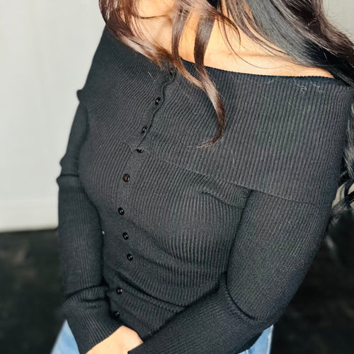 Black Off-Shoulder Button Front Ribbed Top