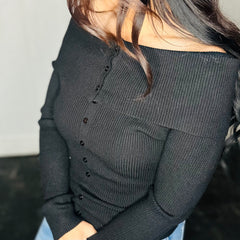 Black Off-Shoulder Button Front Ribbed Top