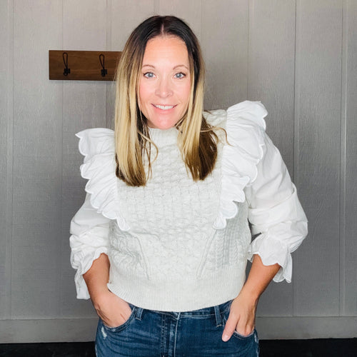Heather Grey Ruffle Trimmed Long Sleeve Sweater Combo Blouse