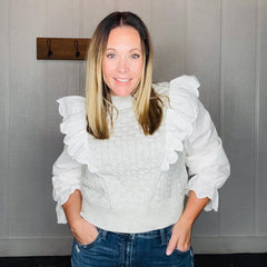Heather Grey Ruffle Trimmed Long Sleeve Sweater Combo Blouse
