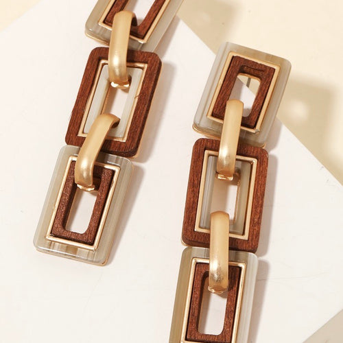 Brown and Marble Rectangle Link Earrings