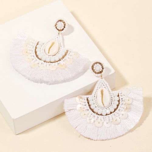 White Tassel and Seashell Earrings