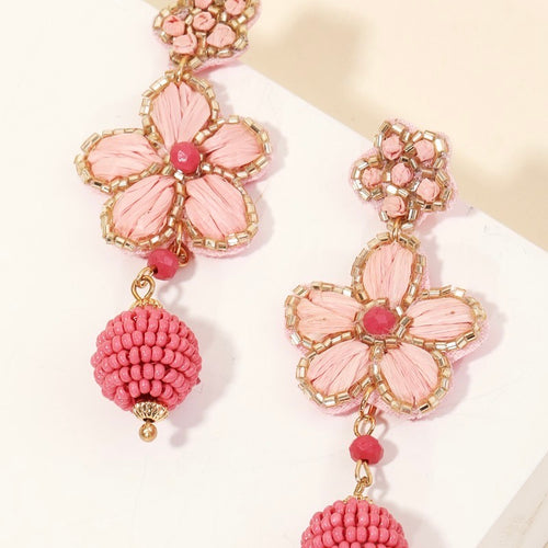 Pink Flower Ball Drop Earrings