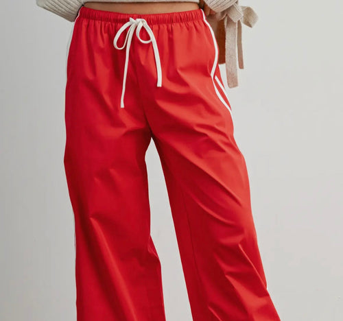 Red Striped Drawstring Wide Leg Cuffed Pants