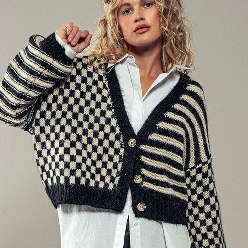 Checkered and Striped Boxy Fit Cardigan