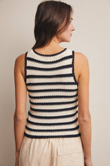 Navy Striped Crochet Knit Tank