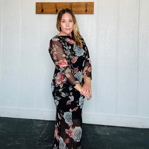 Black Multi Floral Boat Neck Lone Sleeve Shirring Maxi Dress