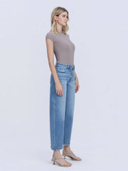 HIGH RISE MEDIUM WASH CUFFED BARREL JEANS