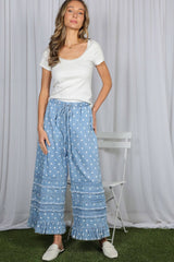 Polka Dot Flared Ruffle 100%Cotton Crop Denim Pants