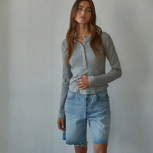 Grey Knit Ribbed Half Button Up