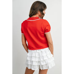 Scalloped Trim Knit Polo Top
