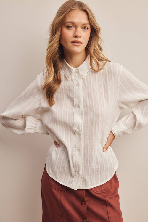 Lace Trim Embroidered Button Down Blouse
