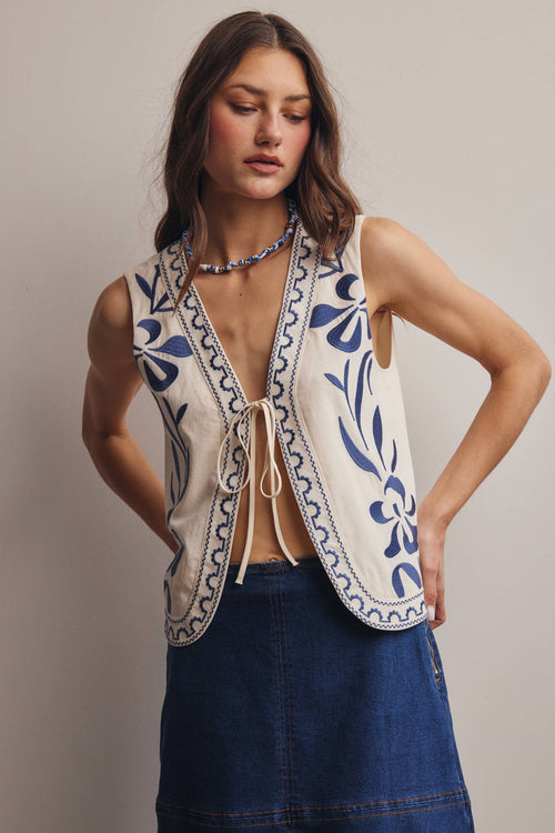 Embroidered Tie-Front Vest