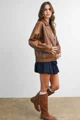 Collared Zip-Front Leather Jacket