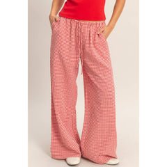Gingham Drawstring Wide-Leg Pants