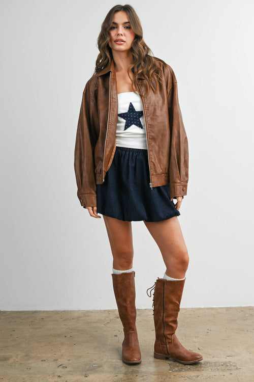 Collared Zip-Front Leather Jacket