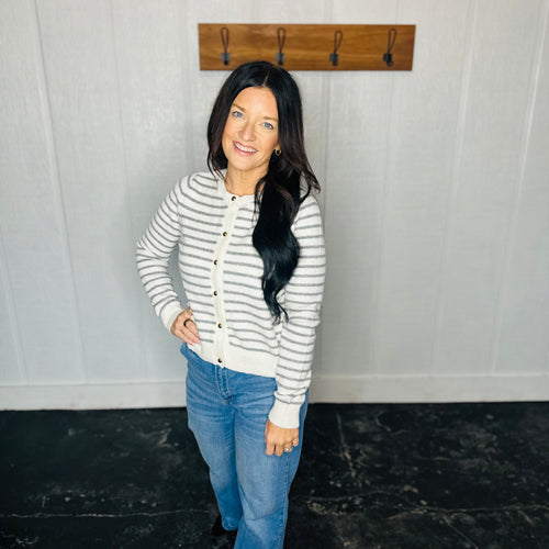 Ivory Parisian Striped Gold Button Cardigan